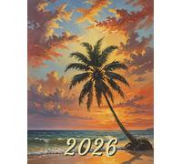 2026: Large Monthly Calendar Planner - Watercolor Tropical Beach With Palm Tree At Sunset Scenery