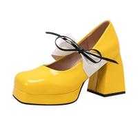 2026 Madre della Sposa Scarpe Casual Da Donna Punta Gattino Tacchi Piattaforma In Pelle Faux Formale Lavoro Brevetto Corte Donna Tacco Medio Pendolarismo Intelligente, Giallo, 38 EU