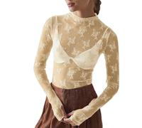2026 Maglia Manica Lunga Stratificazione Top per Le Donne Collo A Mock Ricamo Floreale Trasparente Vedere Attraverso Tee Shirt Camicetta, Beige, XL