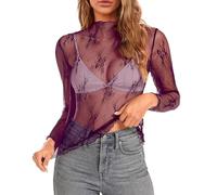 2026 Maglia Manica Lunga Stratificazione Top per Le Donne Collo A Mock Ricamo Floreale Trasparente Vedere Attraverso Tee Shirt Camicetta, Viola, M