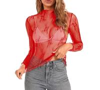 2026 Maglia Manica Lunga Stratificazione Top per Le Donne Collo A Mock Ricamo Floreale Trasparente Vedere Attraverso Tee Shirt Camicetta, Rosso, L