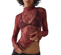 2026 Maglia Manica Lunga Stratificazione Top per Le Donne Collo A Mock Ricamo Floreale Trasparente Vedere Attraverso Tee Shirt Camicetta, vino, M