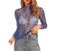 2026 Maglia Manica Lunga Stratificazione Top per Le Donne Collo A Mock Ricamo Floreale Trasparente Vedere Attraverso Tee Shirt Camicetta, Blu, L