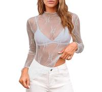 2026 Maglia Manica Lunga Stratificazione Top per Le Donne Collo A Mock Ricamo Floreale Trasparente Vedere Attraverso Tee Shirt Camicetta, Grigio, M