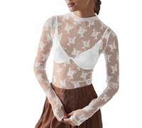 2026 Maglia Manica Lunga Stratificazione Top per Le Donne Collo A Mock Ricamo Floreale Trasparente Vedere Attraverso Tee Shirt Camicetta, bianco, L