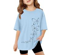 2026 Maglietta a maniche corte con scollo rotondo per ragazza, casual, comoda, per la vita quotidiana per giocare, 3-13 anni di protezione solare T Shirt ragazza, Azzurro, 10-11 Anni