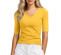 2026 Maglietta casual con scollo rotondo mezze maniche vestibilità slim Basic Top da abbinare per la vita di tutti i giorni, giallo., XXL