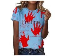 2026 - Maglietta da donna con scollo rotondo, a maniche corte, motivo: Halloween "I am fine", stampa a mano, Rosso anguria., M