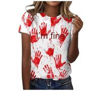 2026 - Maglietta da donna con scollo rotondo, a maniche corte, motivo: Halloween "I am fine", stampa a mano, rosa intenso, L