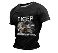 2026 Maglietta da uomo casual e confortevole con scollo rotondo e maniche corte nello stile del carro armato tedesco di tigre della seconda guerra mondiale, Nero , 3XL