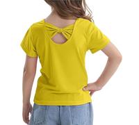 2026 - Maglietta estiva da bambina, a maniche corte, con fiocco sul retro, casual, girocollo, per bambini da 1 a 8 anni, per esterni, a maniche lunghe, giallo., 5-6 Anni