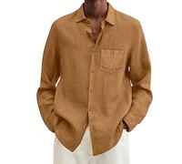 2026 Maschio Estate Cotone Lino Solido Casuale Plus Size Sciolto Camicia Uomo Girare Giù Collo Manica Lunga Camicia Ragazzi, marrone, XXL