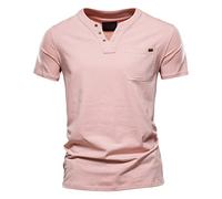 2026 - Moda uomo casual tinta unita cotone scollo a v tasca bottone manica corta t-shirt top leggings set con top, Colore: rosa., L