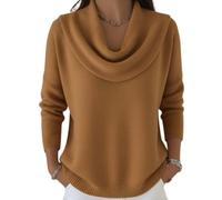 2026 New Elegant Retro Soft Triangle Neck Solid Color Sweater Top, Women’s Cozy Long Sleeve Knit Pullover (Brown,L)