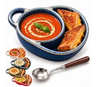 2026 New Soup and Sandwich Bowl, Soup Bowl with Side Compartment (Blue) | Ceramic Soup Bowls with Bread Holder, Soup and Salad Bowl Combo, Divided Plate for Breakfast Cookies Bread Salad Fruits