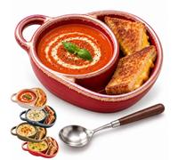 2026 New Soup and Sandwich Bowl, Soup Bowl with Side Compartment (Red) | Ceramic Soup Bowls with Bread Holder, Soup and Salad Bowl Combo, Divided Plate for Breakfast Cookies Bread Salad Fruits