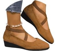 2026 New Womens Pointed Toe Ballet Wedge Dress Shoes Round Toe Comfy Pump, Women's Comfy Elastic Crisscross Strap Wedge Slip-On Shoes (Brown,38)