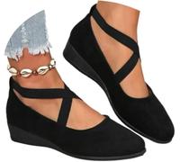 2026 New Womens Pointed Toe Ballet Wedge Dress Shoes Round Toe Comfy Pump, Women's Comfy Elastic Crisscross Strap Wedge Slip-On Shoes (Black,42)