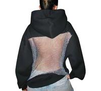 2026 New Y2K Grunge Crystal Mesh Back Hoodie Emo Women Long Sleeve Goth Oversize Sweatshirts Alt Clothes (Black,XL)