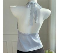 2026 Nuova Blusa con Patchwork in Pizzo e Schiena Scoperta per Donne, Top Elegante da Tè festa Estivo in Azzurro Baby, Versatile alla Moda, Stile Y2K Anni 2000, Abbigliamento Casual da Spiaggia L,M,S,