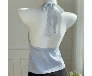 2026 Nuova Blusa con Patchwork in Pizzo e Schiena Scoperta per Donne, Top Elegante da Tè festa Estivo in Azzurro Baby, Versatile alla Moda, Stile Y2K Anni 2000, Abbigliamento Casual da Spiaggia L,M,S,