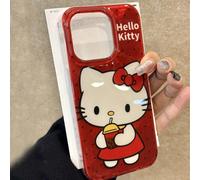 2026 Nuova custodia protettiva di alta gamma con texture ghiaccio, a pois rossi, con design "Happy Year" Hello Kitty che beve latte, compatibile con iPhone 17 Pro Max/16 Pro/15 Pro Max/14/13/12, alla