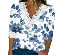 2026 Nuovi Arrivi Top Donne Gradiente Top Manica Lunga Pizzo Scollo A V Camicie Casual Basic Tees Loose Fit Tunica Camicette, Blu, S