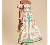 2026 Nuovo abito floreale con spalle scoperte, outfit da vacanza, stile boho chic, outfit da concerto country, outfit da festival estivo, outfit da spiaggia per donna, outfit estivi da donna, stile ol