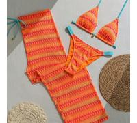 2026 Nuovo Set Bikini all'Uncinetto Arancione Neon da 3 Pezzi per Donne, Include Pantaloni Coprilibretto a Gamba Larga e Top Triangolare con Spalline Sottili, Primavera/Estate L,M,S,XLColore unicoTess