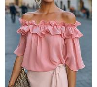 2026 Nuovo Top con Spalle Scoperte, Camicia Blu Navy, Top con Volant, Doppio Strato di Volant, Colore Blu Scuro Unito, Blu Mezzanotte, Rosa Estivo Adatto a Taglie Forti L,M,S,XL,XS,XXLColore unicoTess