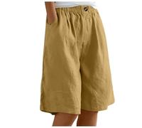 2026 Pantaloncini elastici in tinta unita da donna con bottoni, pantaloncini corti con taschino, pantaloncini corti casual, pantaloncini a gamba larga pantaloncini da uomo, giallo., S