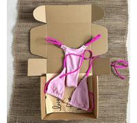 2026 Primavera/Estate Bikini a due pezzi da donna con patchwork giallo chiaro + blu chiaro, spalline sottili, scollo a V e allacciatura al collo, slip beige con perline, regolabile ai lati, taglio alt