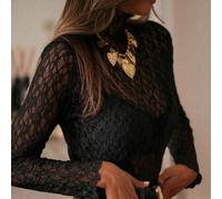 2026 Primavera/Estate Nuova Camicetta da Donna in Pizzo Trasparente a Collo Alto e Maniche Lunghe Aderente, Stile Retrò Francese, Adatta per Lavoro e Appuntamenti, Sottomaglia in Pizzo Nera L,M,S,XL,X