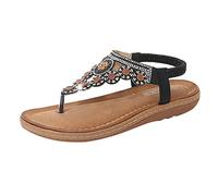 2026 Sandali piatti da donna estivi Boho strass scarpe comode punta aperta elastico cinturino alla caviglia sandali senza spalline romano, Nero , 37.5 EU