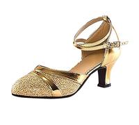2026 Scarpe da ballo da donna per sala da ballo latino con paillettes eleganti scarpe da compagnia con tacco medio, gold, 41 EU