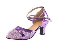 2026 Scarpe da ballo da donna per sala da ballo latino con paillettes eleganti scarpe da compagnia con tacco medio, Lilla, 39 EU
