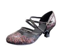 2026 Scarpe da ballo latino lucide con rete, cinturino, punta lucida - tacco basso per un elevato comfort serale, Nero , 36 EU