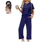 2026 Set di due pezzi per le donne Casual Viaggio Vacanza Outfits Estate Gamba Larga Crop Pantaloni Lounge Set, blu navy, M