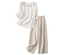 2026 Set lounge leggero da donna in lino, con scollo a V, in due pezzi, per il tempo libero, in tinta unita, a maniche lunghe, con tasche, per la casa, large, taglie grandi, casual, streatwear