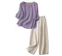 2026 Set lounge leggero da donna in lino, con scollo a V, in due pezzi, per il tempo libero, in tinta unita, a maniche lunghe, con tasche, per la casa, large, taglie grandi, casual, streatwear