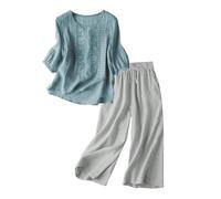 2026 Set lounge leggero da donna in lino, con scollo a V, in due pezzi, per il tempo libero, in tinta unita, a maniche lunghe, con tasche, per la casa, large, taglie grandi, casual, streatwear