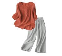 2026 Set lounge leggero da donna in lino, con scollo a V, in due pezzi, per il tempo libero, in tinta unita, a maniche lunghe, con tasche, per la casa, large, taglie grandi, casual, streatwear