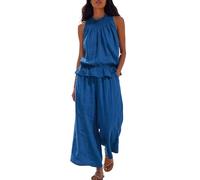 2026 - Set top e pantaloni da donna con struttura in due pezzi, pezzi coordinati in tessuto di cotone, per donne, abbigliamento casual adatto per le giornate estive, gamma di colori nero, BU1, BU2