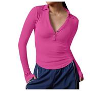 2026 Slim Fit - Maglietta da donna con collo a maglia e maniche lunghe, elegante top estivo da indossare tutti i giorni, rosa intenso, M