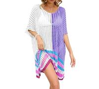 2026 Summer Women's Clothing Patchwork Hollow Beach Dress Knitted Loose Plus Size Bikini Cover-Up(Whitespellpurple)