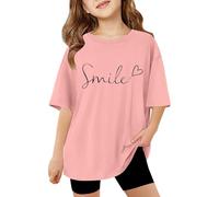 2026 - T-shirt per bambini per ragazze con stampa a lettere, maniche corte, top oversize, casual, girocollo, magliette di base ragazze bambini camicetta, Colore: rosa., 9-10 Anni
