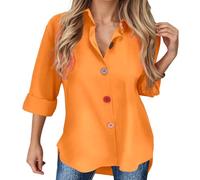 2026 Top in lino da donna classico a maniche lunghe tinta unita abbottonatura camicia da indossare tutti i giorni perfettamente si abbina perfettamente ai jeans Un senza tempo, Arancione, XL