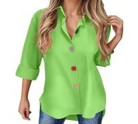2026 Top in lino da donna classico a maniche lunghe tinta unita abbottonatura camicia da indossare tutti i giorni perfettamente si abbina perfettamente ai jeans Un senza tempo, Verde, L