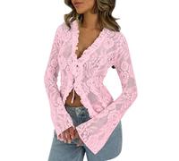 2026 Top in pizzo a maniche lunghe in maglia per le donne legare davanti ricamo floreale puro vedere attraverso camicie, rosa, M