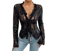 2026 Top in pizzo a maniche lunghe in maglia per le donne legare davanti ricamo floreale puro vedere attraverso camicie, Nero , L